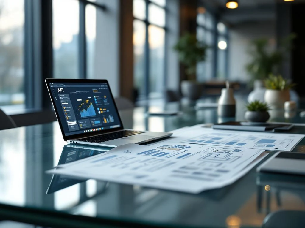 Modern office workspace with laptop displaying API documentation, technical diagrams, and system blueprints on glass desk