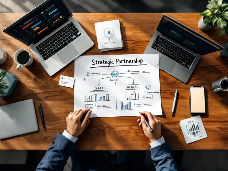 Executive desk with partnership diagram, laptops showing SaaS analytics, smartphone, and business cards in natural light