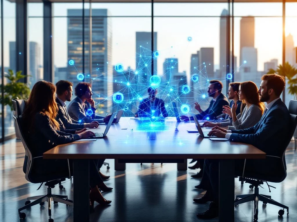 Diverse business professionals viewing holographic blockchain network visualization in modern office conference room