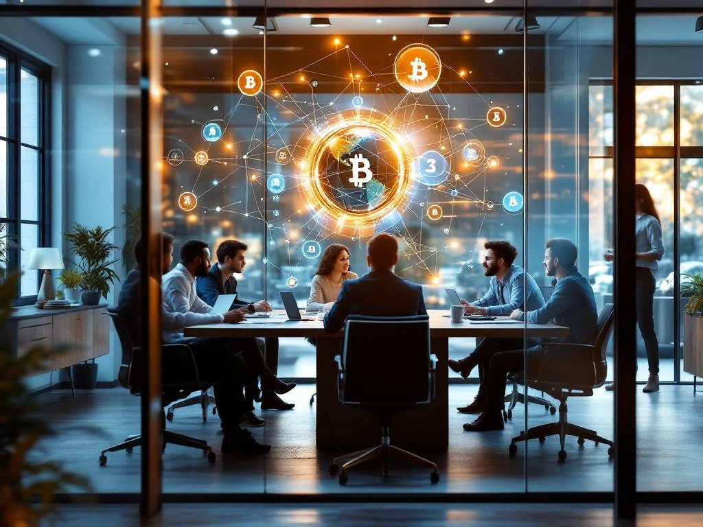Diverse business professionals collaborating around conference table with holographic blockchain and Web3 visualizations