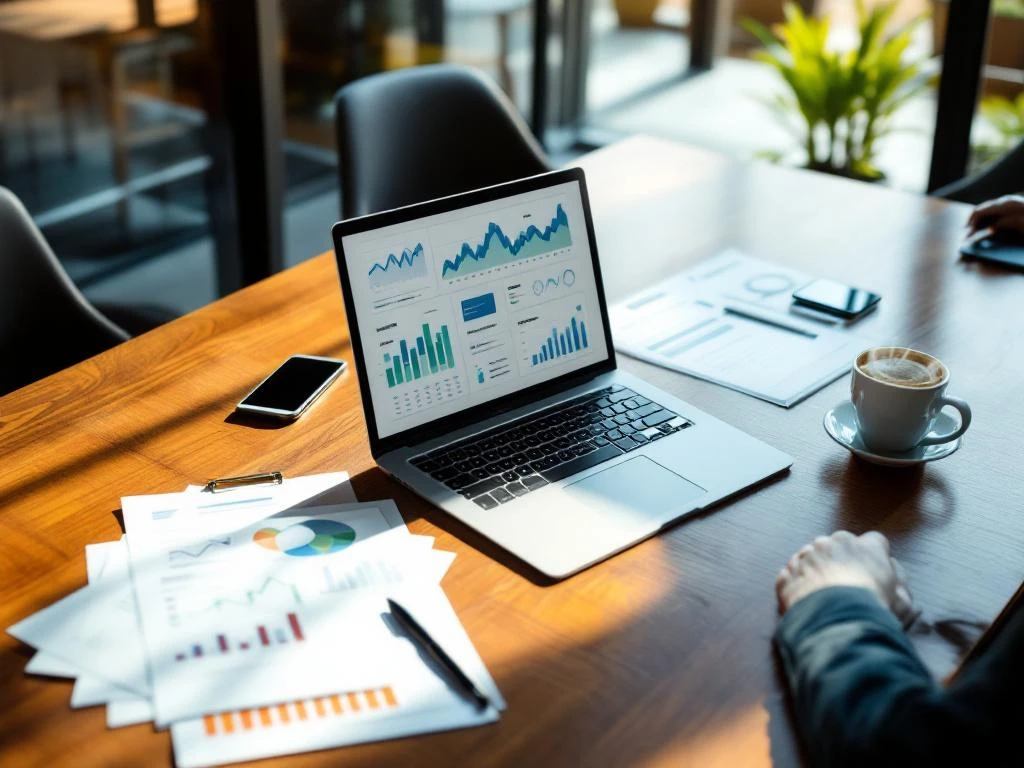 Laptop displaying revenue analytics graphs on executive desk with tablet, phone, documents, and coffee cup
