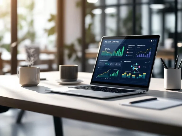 Laptop displaying revenue analytics dashboards and tablet with organizational charts on modern office desk with coffee cup