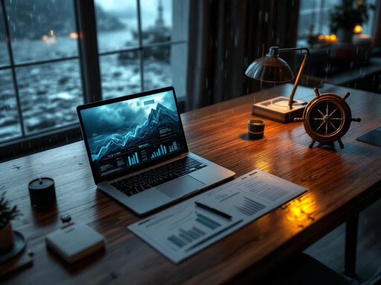 Modern office desk with laptop showing sales graphs, compass, and ship wheel during stormy weather with dramatic lighting