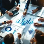 Business team collaborating over analytics dashboard and growth charts during strategic meeting in modern office