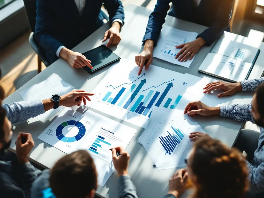 Business team collaborating over analytics dashboard and growth charts during strategic meeting in modern office