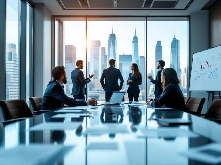 Business professionals discussing strategy at modern conference table with city skyline view and laptop