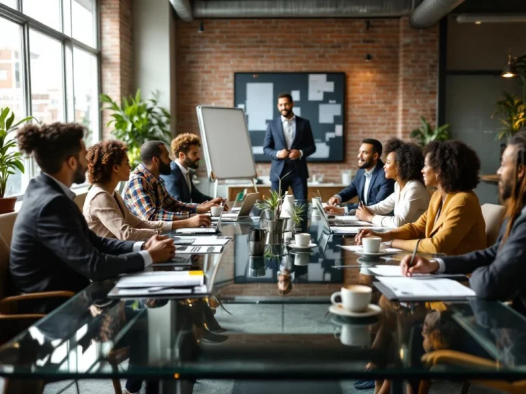 Split-view office meeting: startup team with exposed brick on left, corporate boardroom on right, professionals collaborating