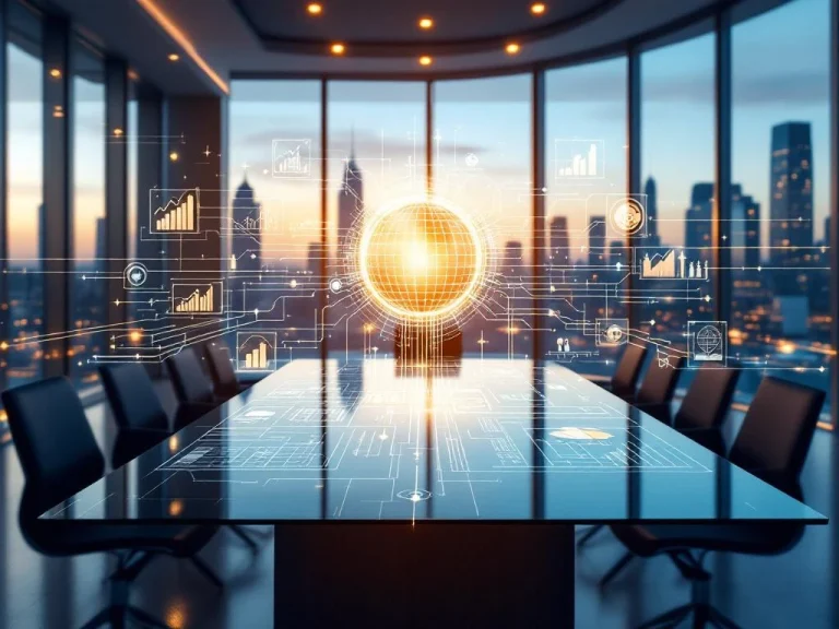 Holographic data visualization with interconnected nodes floating above modern glass conference table in corporate office with city views