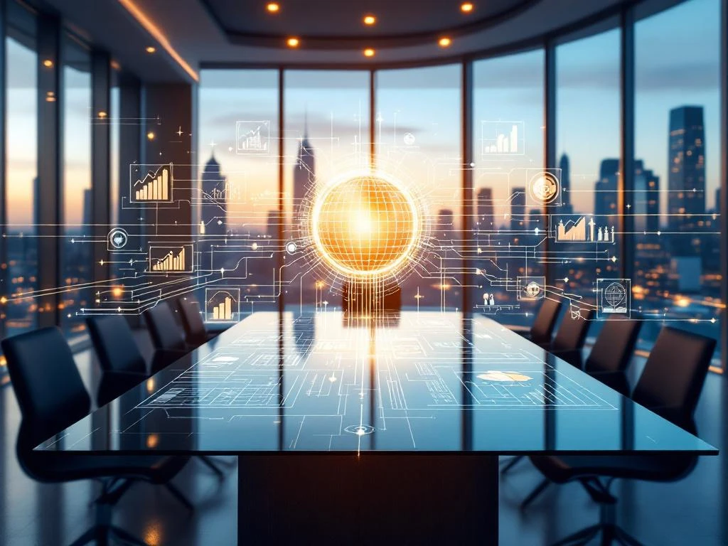 Holographic data visualization with interconnected nodes floating above modern glass conference table in corporate office with city views
