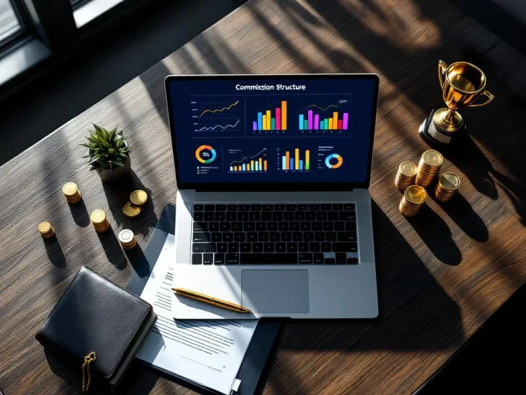 Laptop displaying commission structure graphs on executive desk with gold pen, stacked coins, and trophy icon in natural light