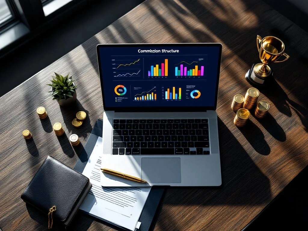 Laptop displaying commission structure graphs on executive desk with gold pen, stacked coins, and trophy icon in natural light
