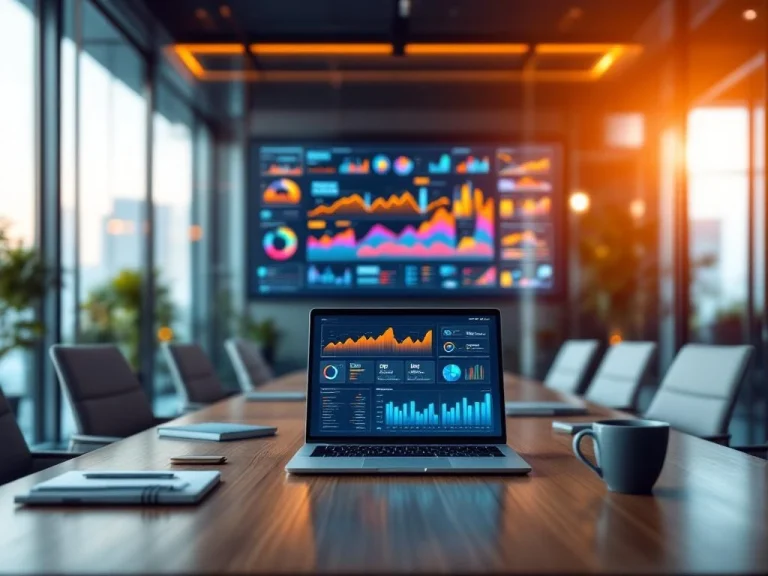 Modern office with interactive analytics dashboard on wall and laptop showing data visualizations on wooden desk
