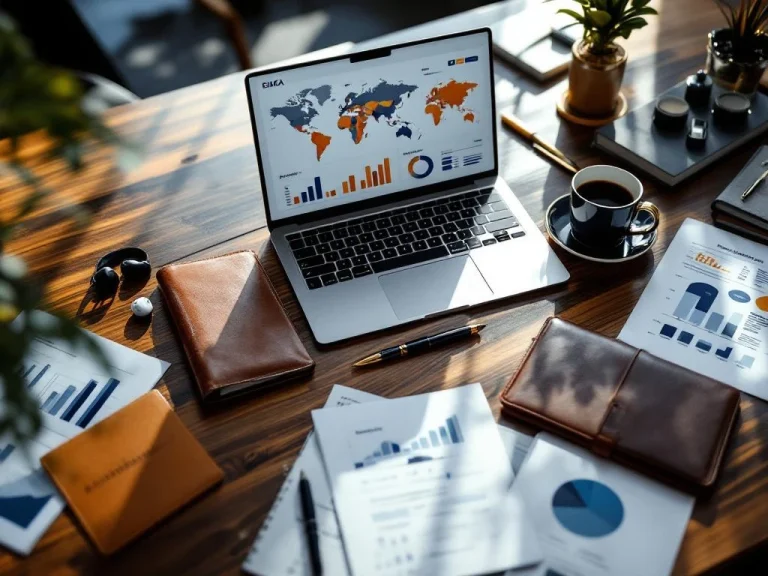 Executive desk with MacBook showing analytics, strategic documents, fountain pen, and coffee in professional office setting