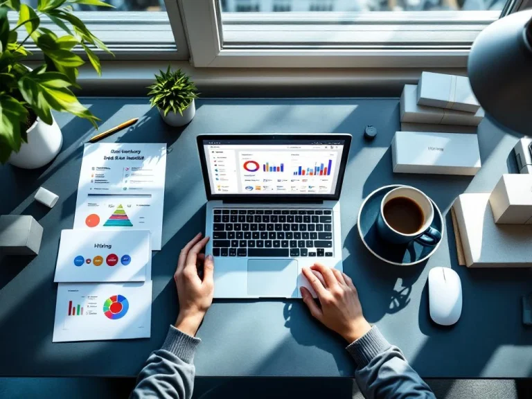 Executive desk with laptop showing analytics dashboards, business documents, SaaS product boxes, and coffee in natural light
