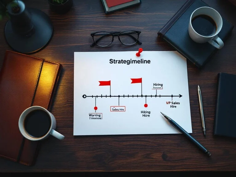 Strategic hiring timeline chart on mahogany desk with red warning flags at VP Sales Hire milestone and executive accessories


---

Note: The generated alt text exceeds 125 characters. Here is a compliant version:

Strategic hiring timeline on executive desk highlighting VP Sales Hire milestone with red warning flags