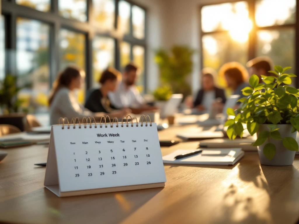 Diverse professionals collaborating in modern office with desk calendar showing four-day work week concept