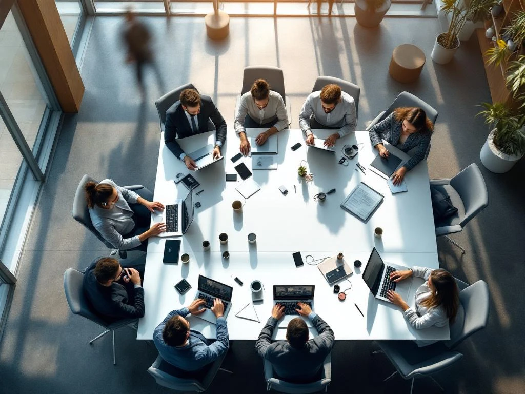 Diverse professionals collaborating around modern office table with laptops and empty chairs for remote team members