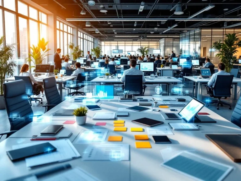 Modern open-plan office with workstations, monitors displaying dashboards, collaborative zones, and glass meeting rooms