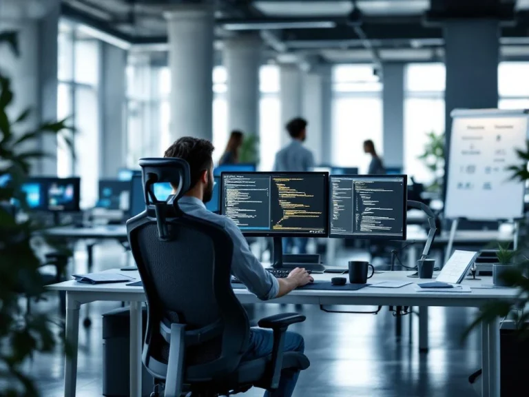 Modern tech office workspace with ergonomic chair, dual monitors displaying code, and mechanical keyboard at developer desk