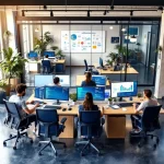 Modern open-plan tech office with workstations, multiple monitors, glass meeting room, and natural light through windows