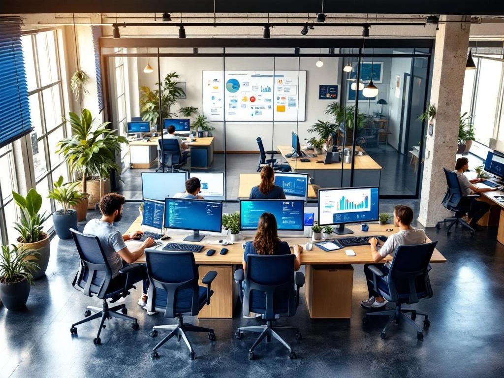 Modern open-plan tech office with workstations, multiple monitors, glass meeting room, and natural light through windows