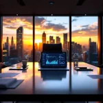 Empty executive chair at modern boardroom table with laptop showing SaaS analytics dashboard and product management documents