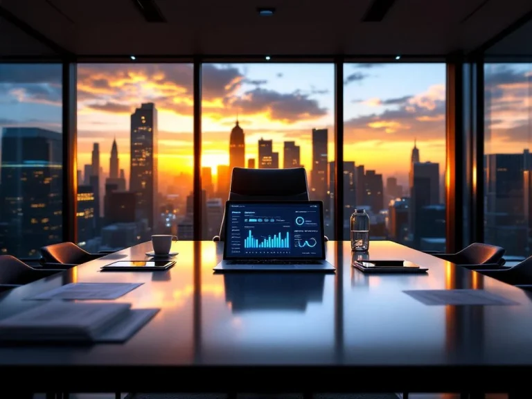 Empty executive chair at modern boardroom table with laptop showing SaaS analytics dashboard and product management documents