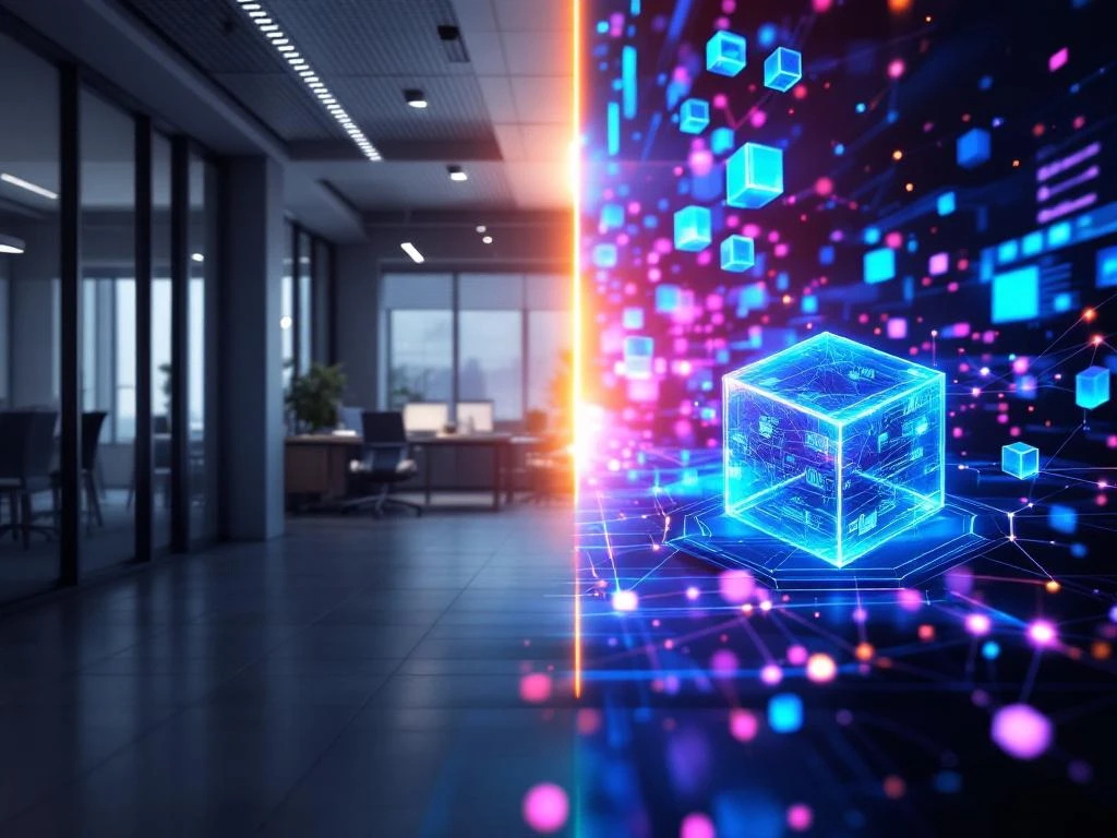 Traditional office transforming into futuristic Web3 workspace with holographic blockchain networks and digital SaaS elements