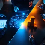 Conference table with business professionals comparing horizontal network diagram and vertical building blocks under contrasting lighting