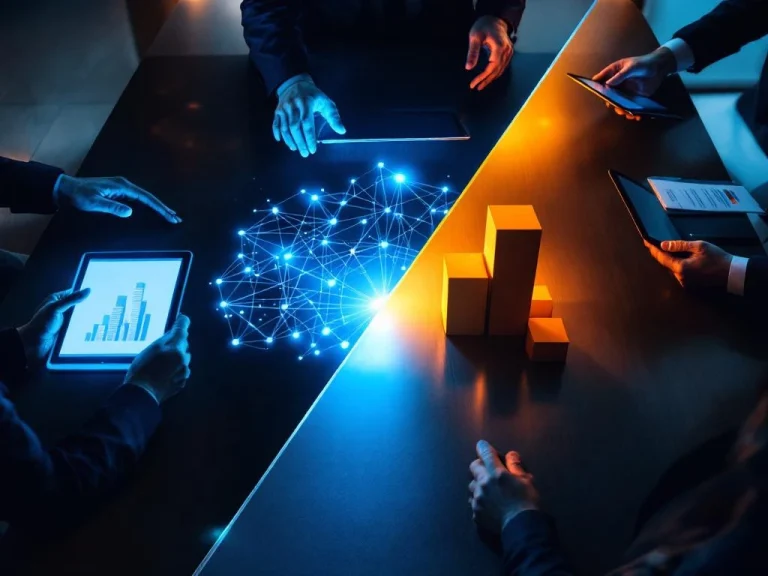 Conference table with business professionals comparing horizontal network diagram and vertical building blocks under contrasting lighting