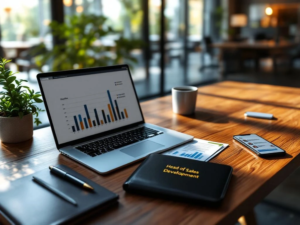 Modern office desk with laptop showing sales pipeline charts, leather portfolio labeled Head of Sales Development, and smartphone