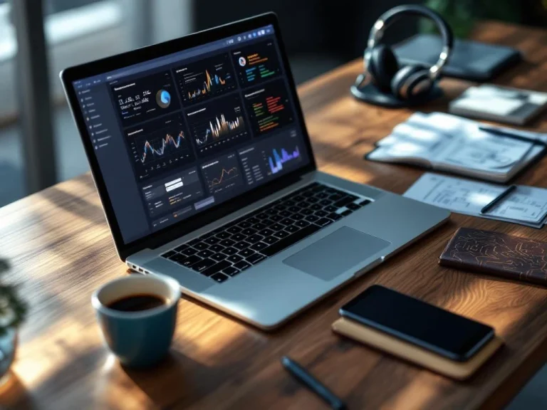 Modern desk workspace with MacBook showing technical diagrams, engineering blueprints, tablet, coffee, and sales tools from above
