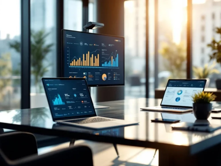Modern office with sales pipeline visualization on monitor, CRM dashboard on laptop, and performance metrics notebook on glass table