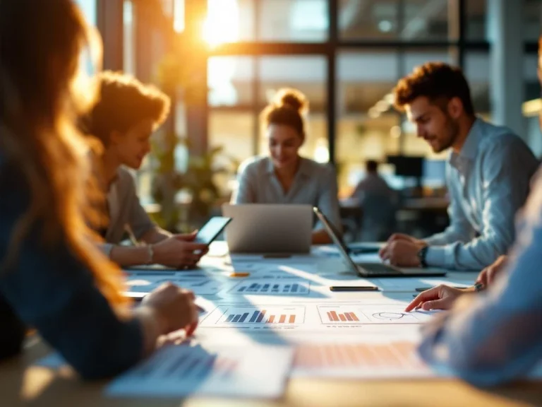 Diverse professionals collaborating around office table with skill matrices and competency charts in modern SaaS workspace
