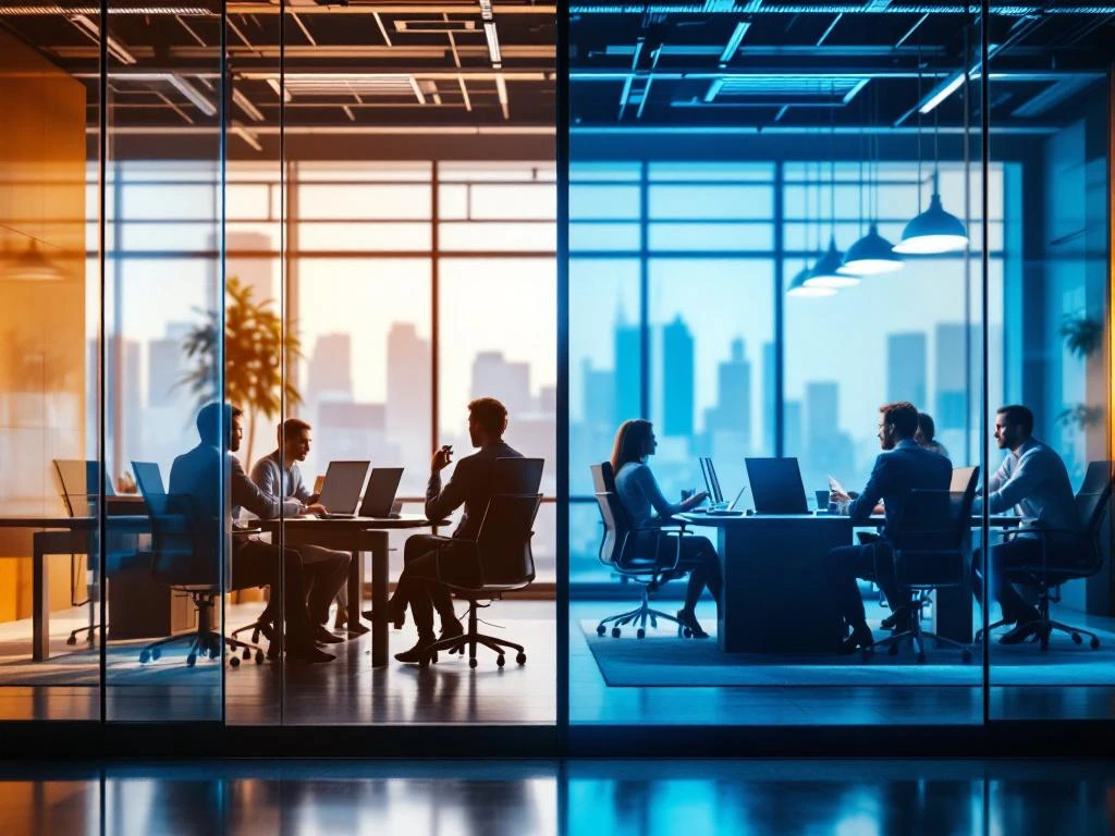 Two professional teams in modern office meeting rooms: small collaborative group with laptop versus larger team at conference table with multiple screens