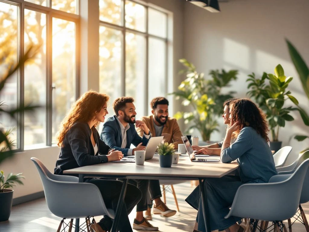 Diverse professionals collaborating in modern office meeting room with natural light and contemporary design