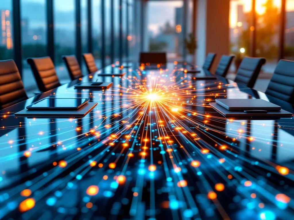 Fiber optic cables connecting laptops, tablets, and smartphones on glass conference table in modern office with natural lighting