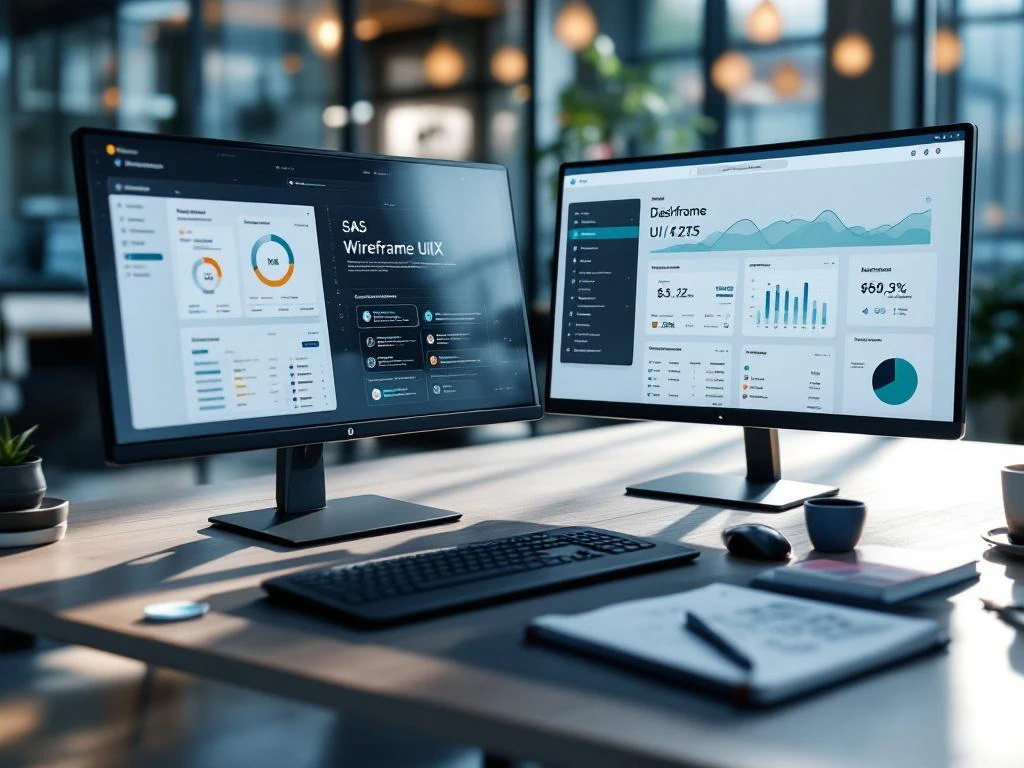 Modern office desk with dual monitors showing UI/UX wireframes, Wacom tablet, and design tools in natural light